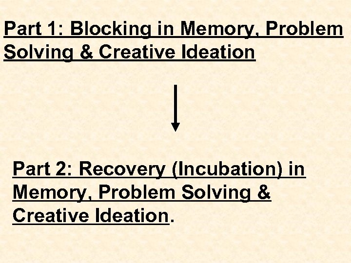 Part 1: Blocking in Memory, Problem Solving & Creative Ideation Part 2: Recovery (Incubation)