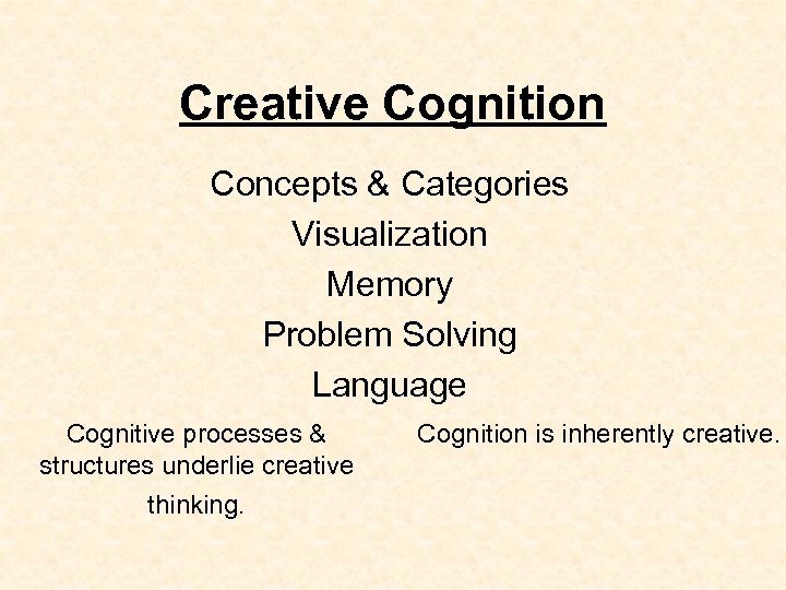 Creative Cognition Concepts & Categories Visualization Memory Problem Solving Language Cognitive processes & structures