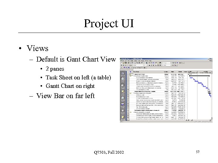 Project UI • Views – Default is Gant Chart View • 2 panes •