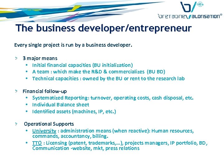 The business developer/entrepreneur Every single project is run by a business developer. 3 major