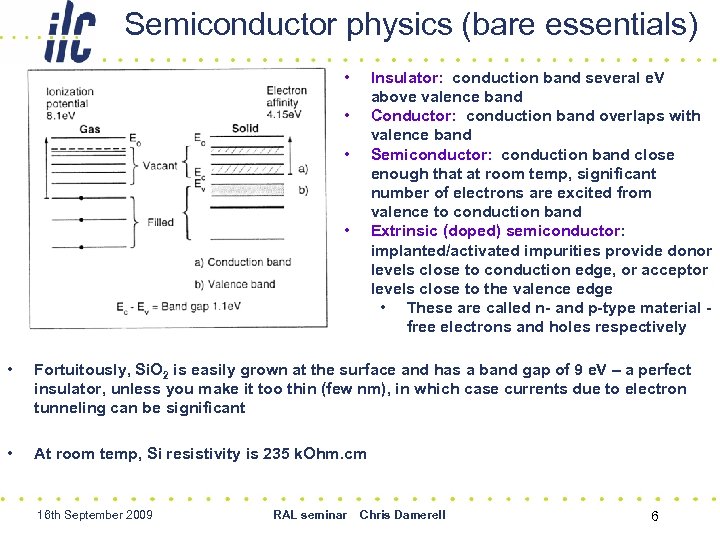 Semiconductor physics (bare essentials) • Insulator: conduction band several e. V above valence band