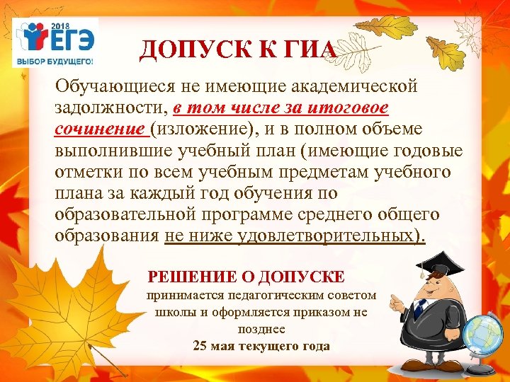 ДОПУСК К ГИА Обучающиеся не имеющие академической задолжности, в том числе за итоговое сочинение