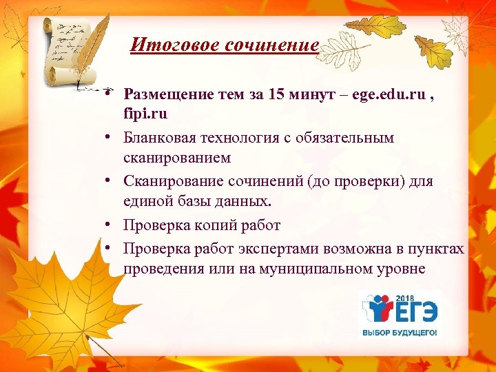 Итоговое сочинение • Размещение тем за 15 минут – ege. edu. ru , fipi.
