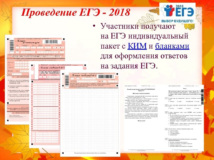 Проведение ЕГЭ - 2018 • Участники получают на ЕГЭ индивидуальный пакет с КИМ и
