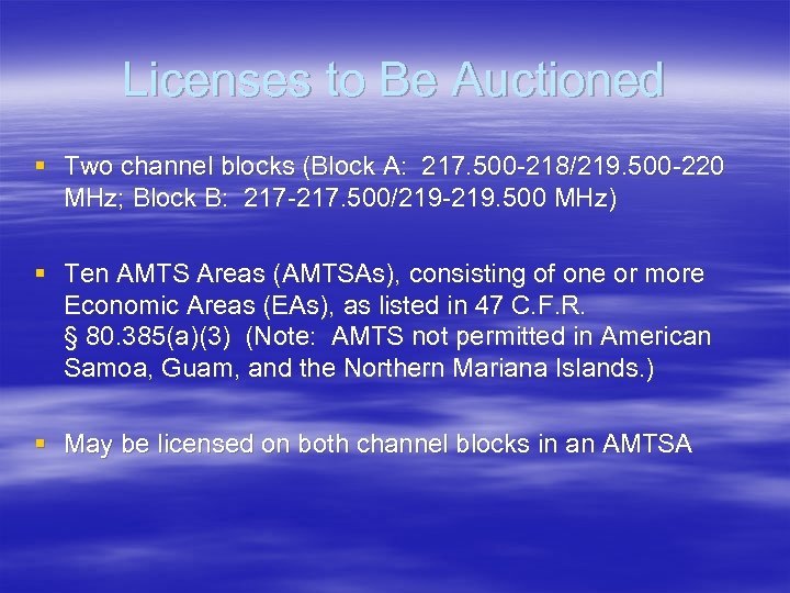Licenses to Be Auctioned § Two channel blocks (Block A: 217. 500 -218/219. 500
