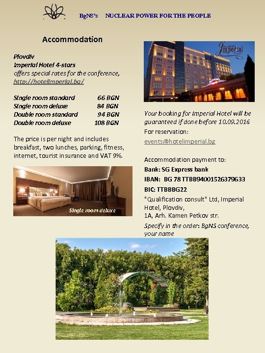 Bg. NS’s NUCLEAR POWER FOR THE PEOPLE Accommodation Plovdiv Imperial Hotel 4 -stars offers