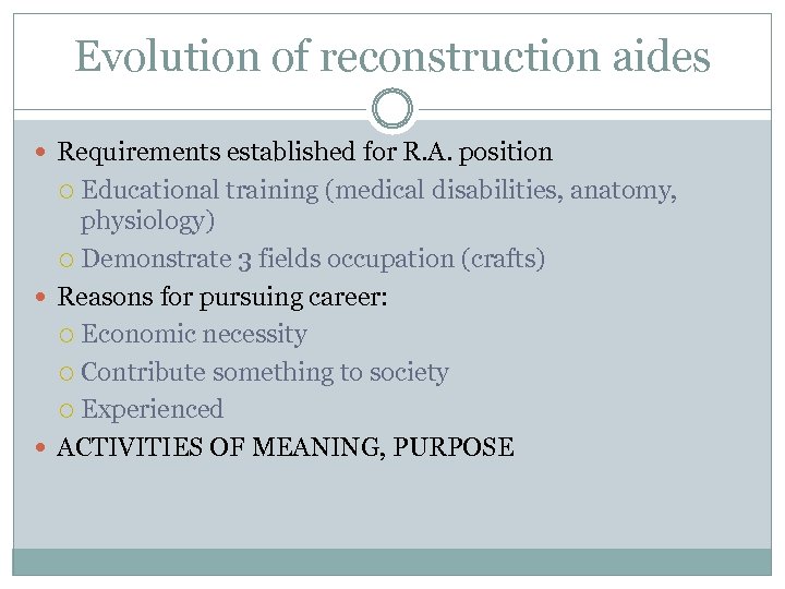 Evolution of reconstruction aides Requirements established for R. A. position Educational training (medical disabilities,