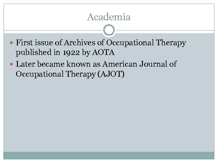 Academia First issue of Archives of Occupational Therapy published in 1922 by AOTA Later