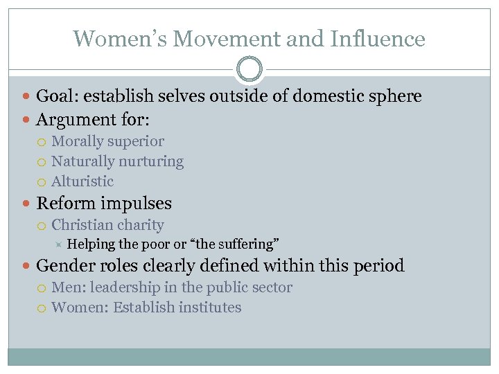 Women’s Movement and Influence Goal: establish selves outside of domestic sphere Argument for: Morally