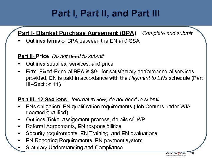 Part I, Part II, and Part III Part I- Blanket Purchase Agreement (BPA) •