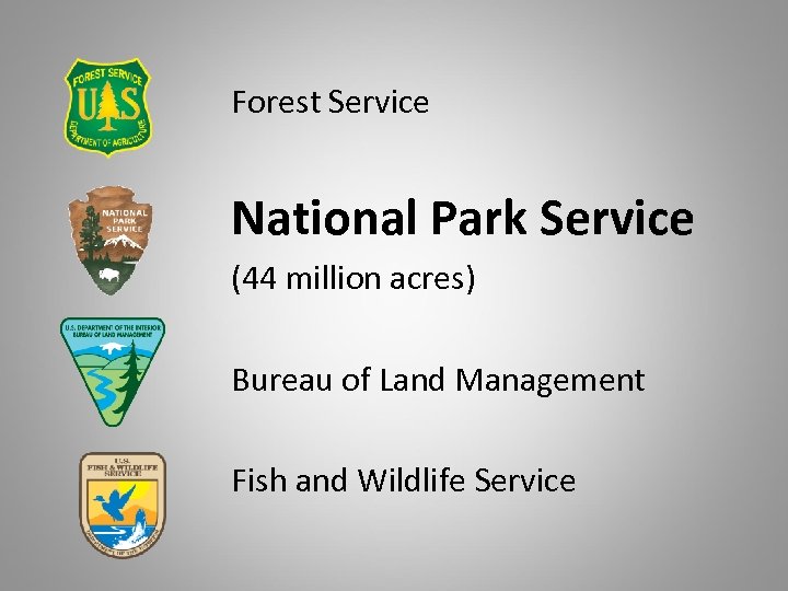 Forest Service National Park Service (44 million acres) Bureau of Land Management Fish and