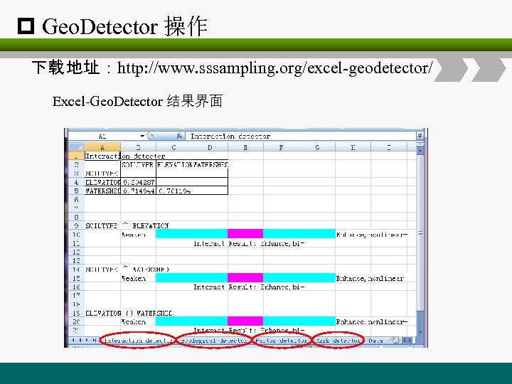 p Geo. Detector 操作 下载 地址：http: //www. sssampling. org/excel-geodetector/ Excel-Geo. Detector 结果界面 