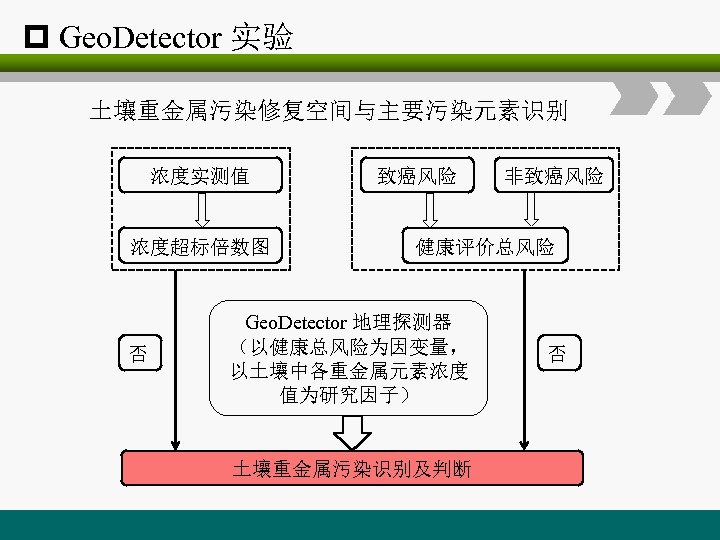 p Geo. Detector 实验 土壤重金属污染修复空间与主要污染元素识别 浓度实测值 浓度超标倍数图 否 致癌风险 非致癌风险 健康评价总风险 Geo. Detector 地理探测器