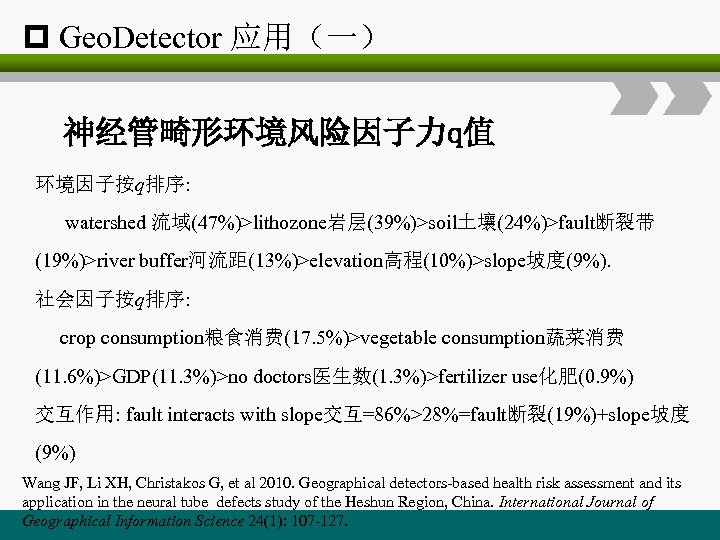 p Geo. Detector 应用（一） 神经管畸形环境风险因子力q值 环境因子按q排序: watershed 流域(47%)>lithozone岩层(39%)>soil土壤(24%)>fault断裂带 (19%)>river buffer河流距(13%)>elevation高程(10%)>slope坡度(9%). 社会因子按q排序: crop consumption粮食消费(17. 5%)>vegetable