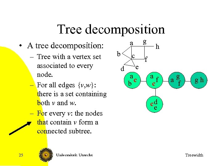 Tree decomposition • A tree decomposition: – Tree with a vertex set associated to
