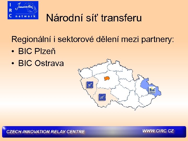 Národní síť transferu Regionální i sektorové dělení mezi partnery: • BIC Plzeň • BIC