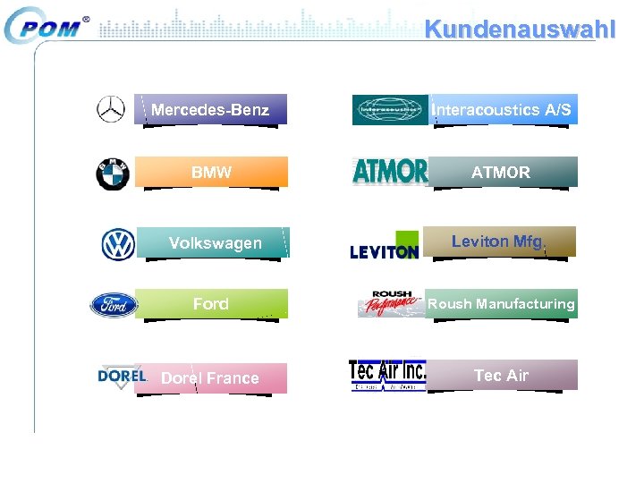 Kundenauswahl Mercedes-Benz Interacoustics A/S BMW ATMOR Volkswagen Leviton Mfg. Ford Roush Manufacturing Dorel France