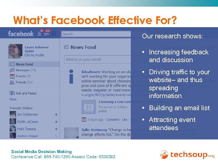 What’s Facebook Effective For? Our research shows: • Increasing feedback and discussion • Driving