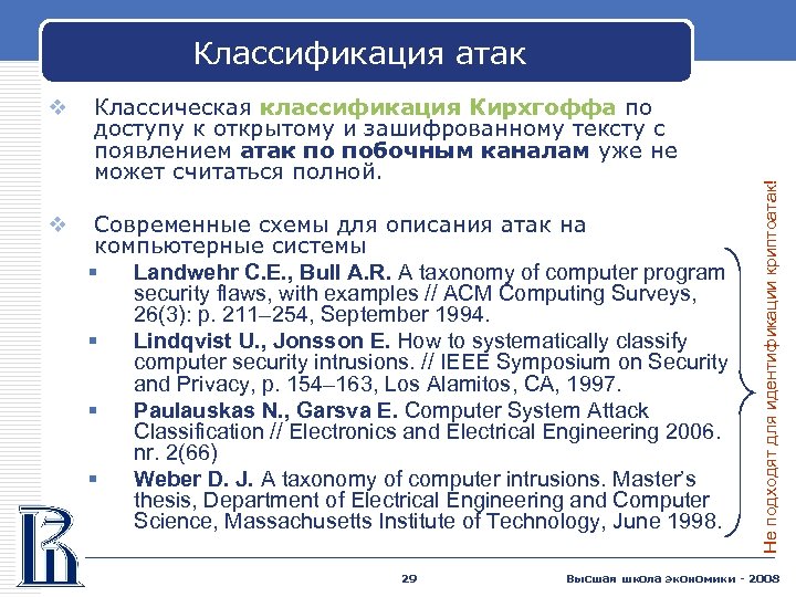 v Классическая классификация Кирхгоффа по доступу к открытому и зашифрованному тексту с появлением атак