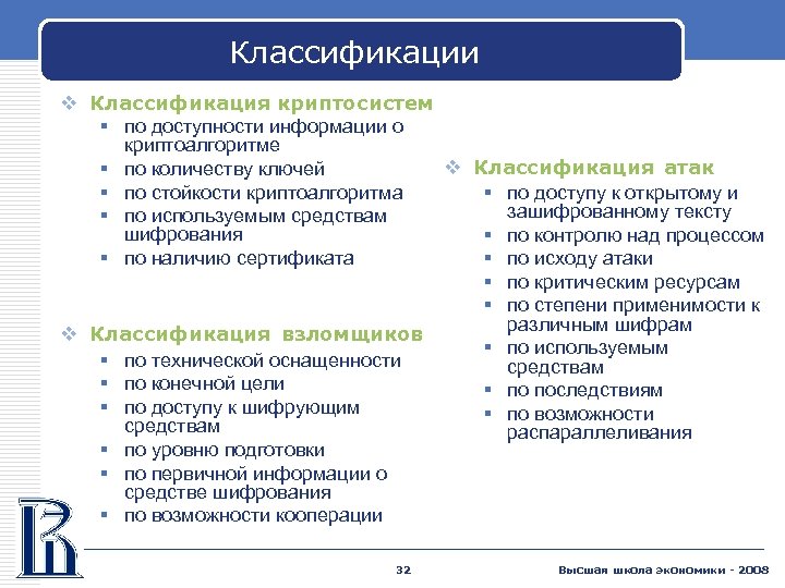Классификации v Классификация криптосистем § по доступности информации о криптоалгоритме v Классификация атак §