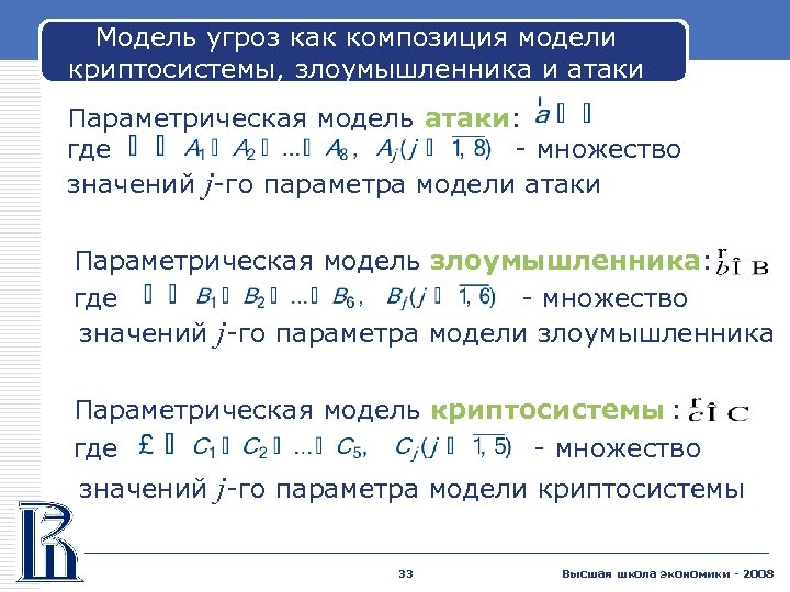 Модель угроз как композиция модели криптосистемы, злоумышленника и атаки Параметрическая модель атаки: где -
