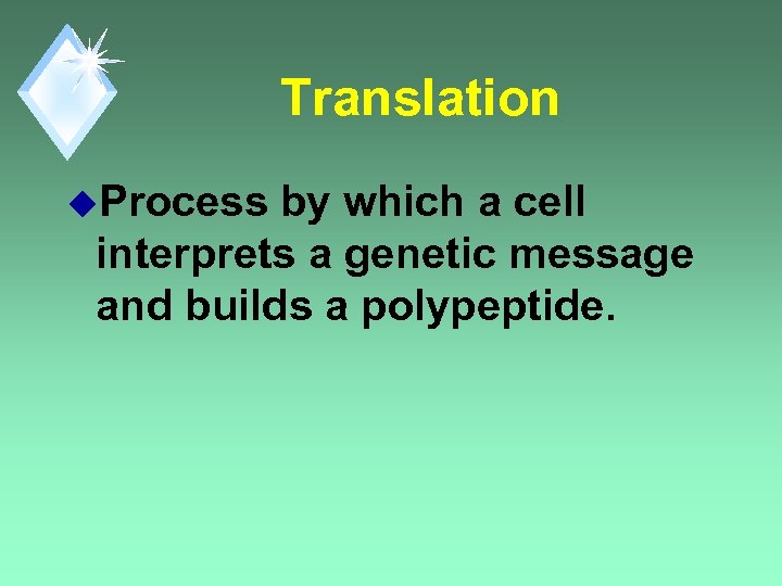 Translation u. Process by which a cell interprets a genetic message and builds a