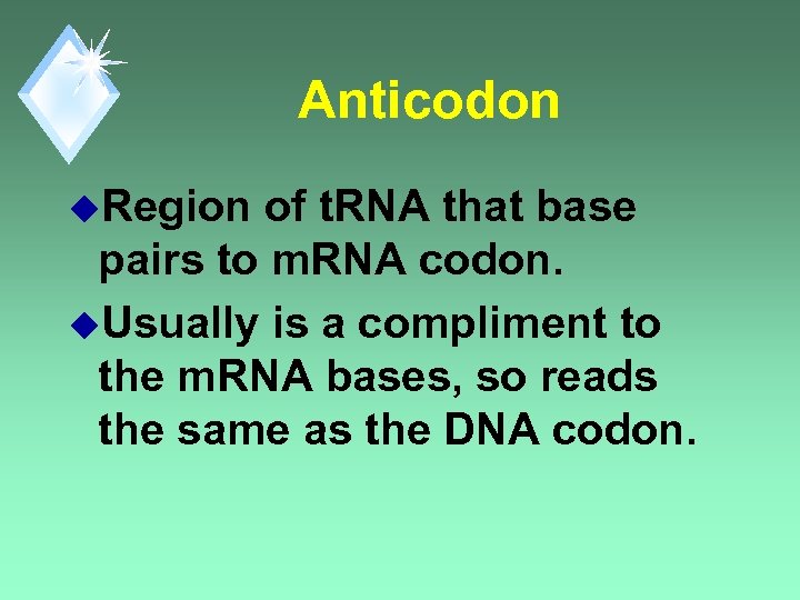 Anticodon u. Region of t. RNA that base pairs to m. RNA codon. u.