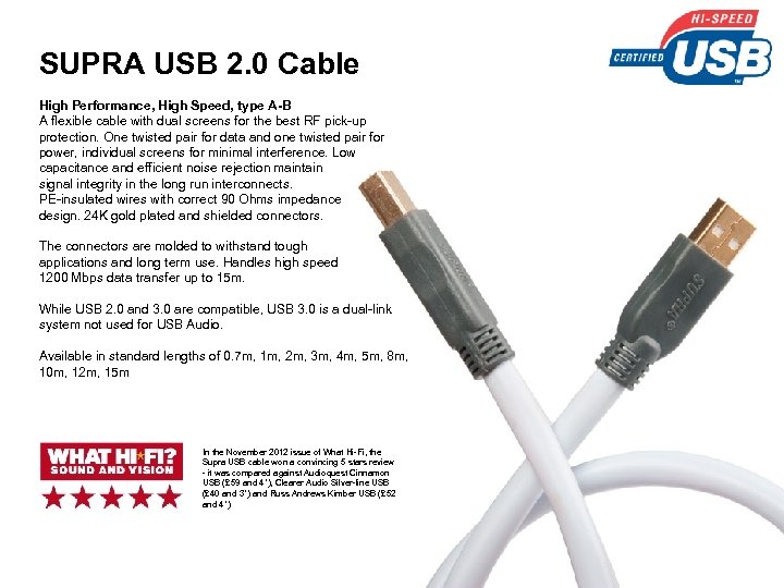 SUPRA USB 2. 0 Cable High Performance, High Speed, type A-B A flexible cable