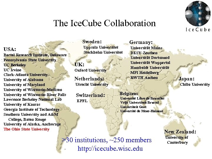 The Ice. Cube Collaboration Sweden: USA: Bartol Research Institute, Delaware Pennsylvania State University UC