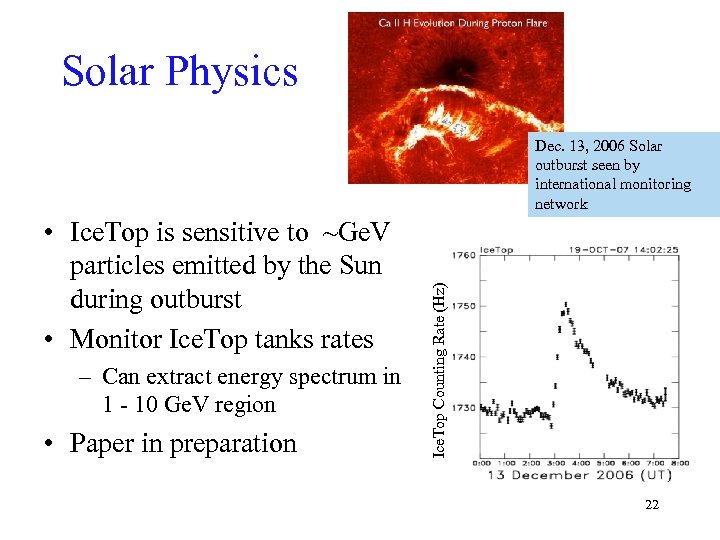 Solar Physics • Ice. Top is sensitive to ~Ge. V particles emitted by the