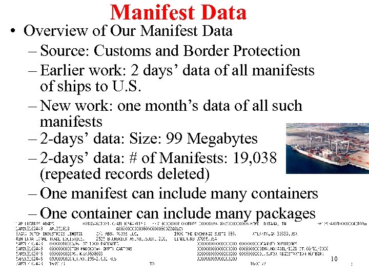 Manifest Data • Overview of Our Manifest Data – Source: Customs and Border Protection