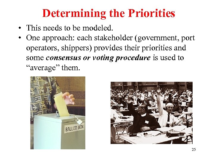 Determining the Priorities • This needs to be modeled. • One approach: each stakeholder