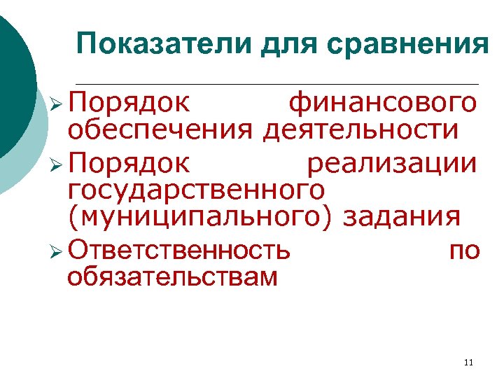 Показатели для сравнения Ø Порядок финансового обеспечения деятельности Ø Порядок реализации государственного (муниципального) задания