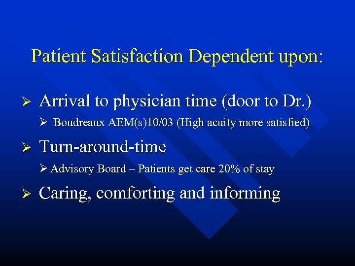 Patient Satisfaction Dependent upon: Ø Arrival to physician time (door to Dr. ) Ø