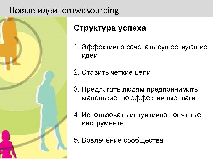 Новые идеи: crowdsourcing Структура успеха 1. Эффективно сочетать существующие идеи 2. Ставить четкие цели