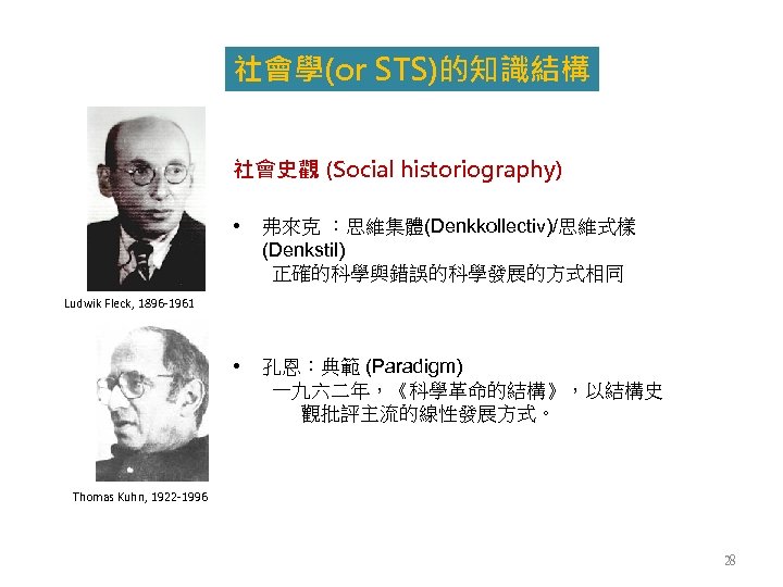 社會學(or STS)的知識結構 社會史觀 (Social historiography) • 弗來克 ：思維集體(Denkkollectiv)/思維式樣 (Denkstil) 正確的科學與錯誤的科學發展的方式相同 • 孔恩：典範 (Paradigm) 一九六二年，《科學革命的結構》，以結構史