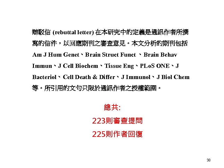 辯駁信 (rebuttal letter) 在本研究中的定義是通訊作者所撰 寫的信件，以回應期刊之審查意見。本文分析的期刊包括 Am J Hum Genet、Brain Struct Funct 、Brain Behav Immun、J