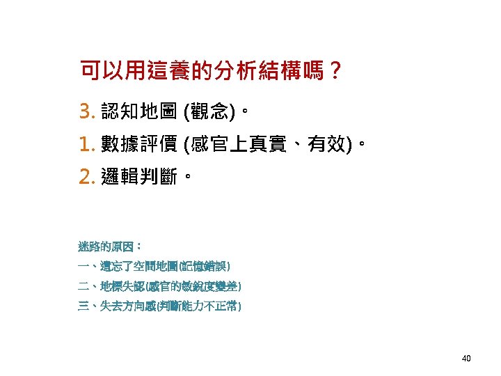 可以用這養的分析結構嗎？ 3. 認知地圖 (觀念)。 1. 數據評價 (感官上真實、有效)。 2. 邏輯判斷。 迷路的原因： 一、遺忘了空間地圖(記憶錯誤) 二、地標失認(感官的敏銳度變差) 三、失去方向感(判斷能力不正常) 40