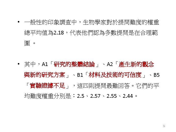  • 一般性的印象調查中，生物學家對於提問難度的權重 總平均值為 2. 18，代表他們認為多數提問是在合理範 圍 。 • 其中，A 1「研究的整體結論」、A 2「產生新的觀念 與新的研究方案」、B 1「材料及技術的可信度」、B