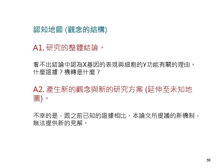 認知地圖 (觀念的結構) A 1. 研究的整體結論。 看不出結論中認為X基因的表現與細胞的Y功能有關的理由。 什麼證據？機轉是什麼？ A 2. 產生新的觀念與新的研究方案 (延伸至未知地 圖)。 不幸的是，跟之前已知的證據相比，本論文所提議的新機制， 無法提供新的見解。