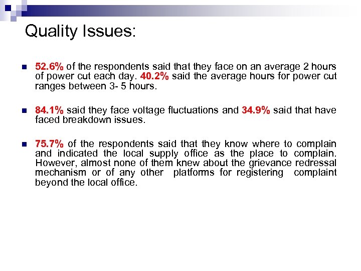 Quality Issues: n 52. 6% of the respondents said that they face on an