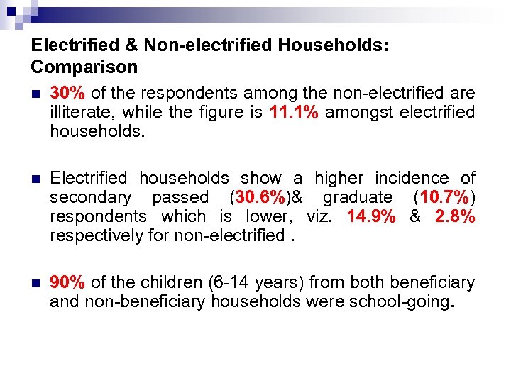 Electrified & Non-electrified Households: Comparison n 30% of the respondents among the non-electrified are