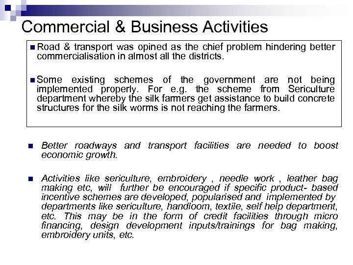 Commercial & Business Activities n Road & transport was opined as the chief problem