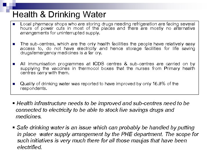 Health & Drinking Water n Local pharmacy shops who are storing drugs needing refrigeration