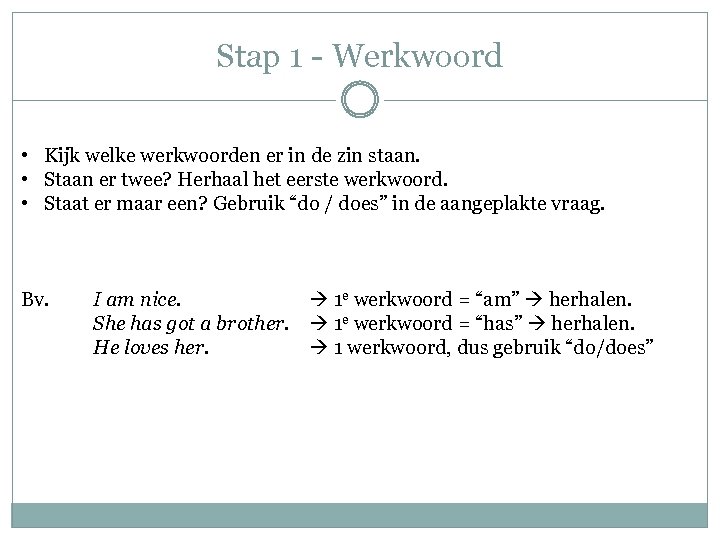 Stap 1 - Werkwoord • Kijk welke werkwoorden er in de zin staan. •