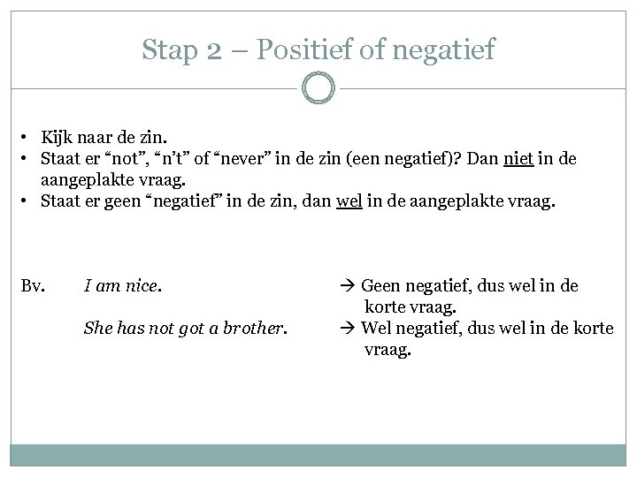 Stap 2 – Positief of negatief • Kijk naar de zin. • Staat er