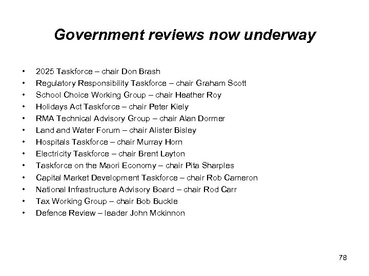 Government reviews now underway • • • • 2025 Taskforce – chair Don Brash