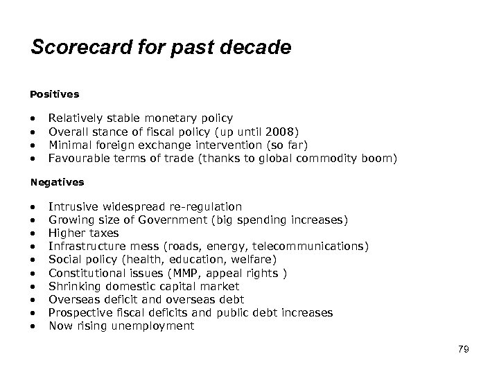 Scorecard for past decade Positives • • Relatively stable monetary policy Overall stance of