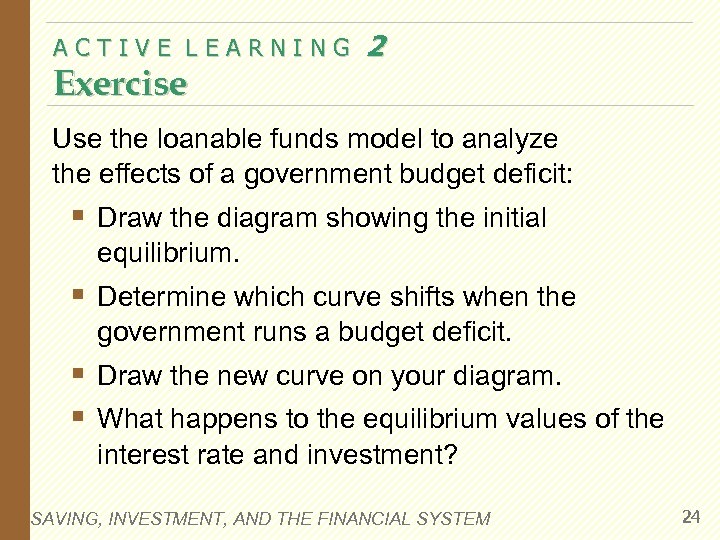 ACTIVE LEARNING Exercise 2 Use the loanable funds model to analyze the effects of