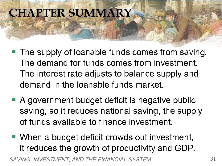 CHAPTER SUMMARY § The supply of loanable funds comes from saving. The demand for